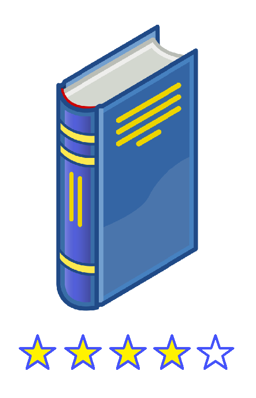 Libro azul sobre cinco estrellas, de las que están iluminadas cuatro; representa la nota global en la reseña de un libro