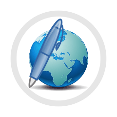 Un círculo gris alrededor de un planeta verde y azul con un bolígrafo azul delante; todo esto podría simbolizar los contenidos de un sitio web de escritor