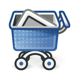Carro de la compra azul con algo rectangular en su interior