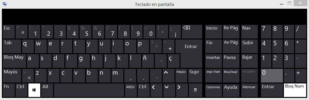 Teclado que se despliega en la pantalla cuando se inicia osk.exe